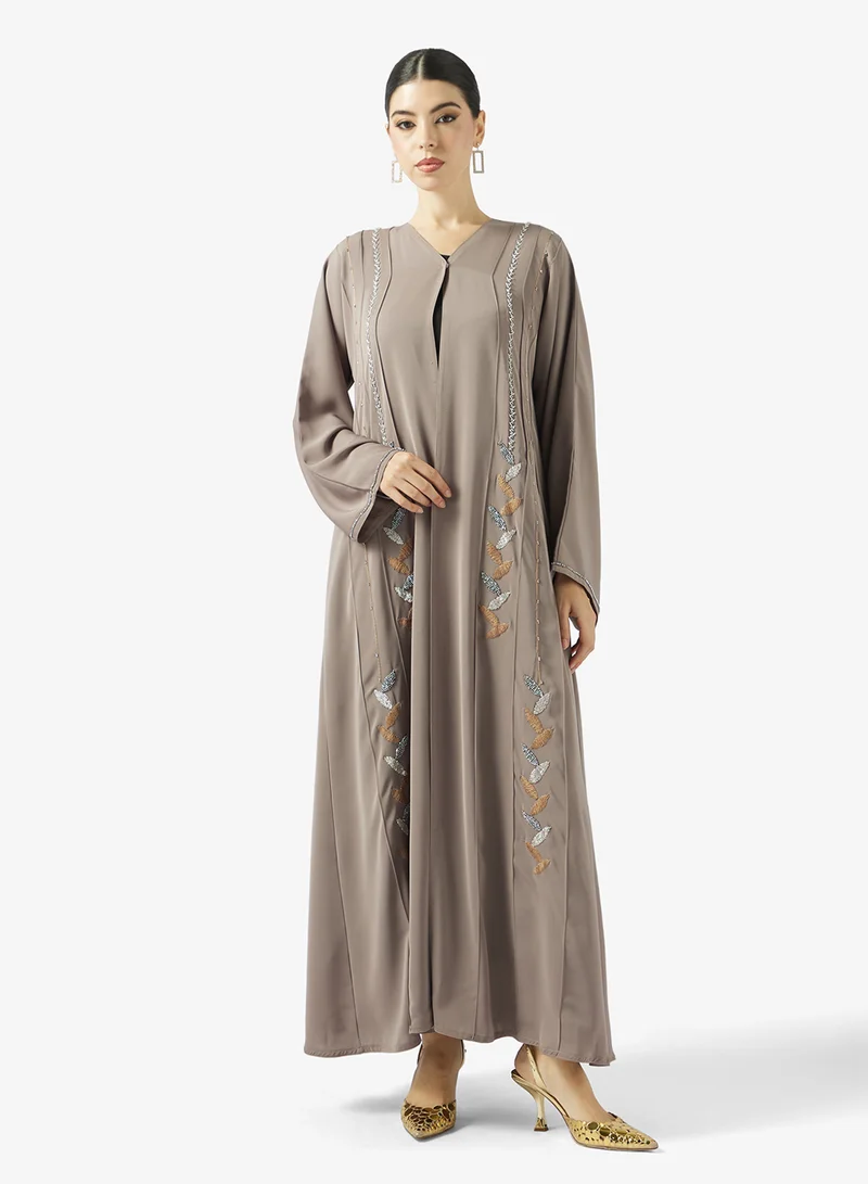 hayas closet  Floral Embroidered Open Front V Neck Abaya for Women | Best Price UAE